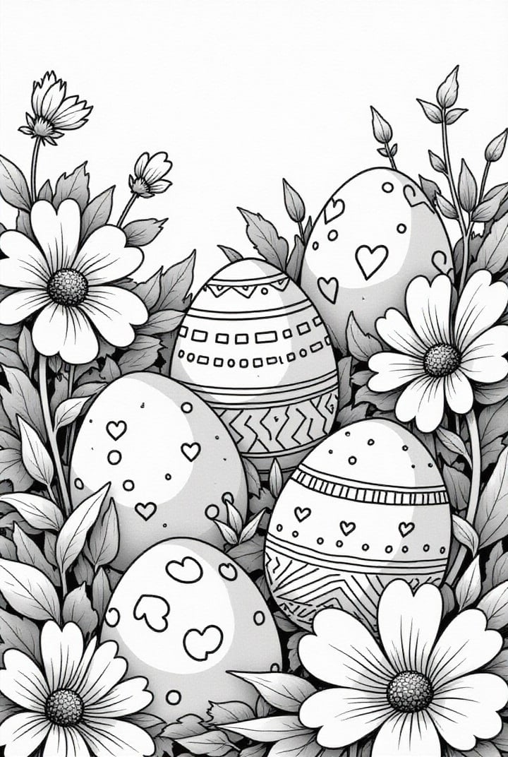 Disegno da colorare uova di Pasqua nel prato
