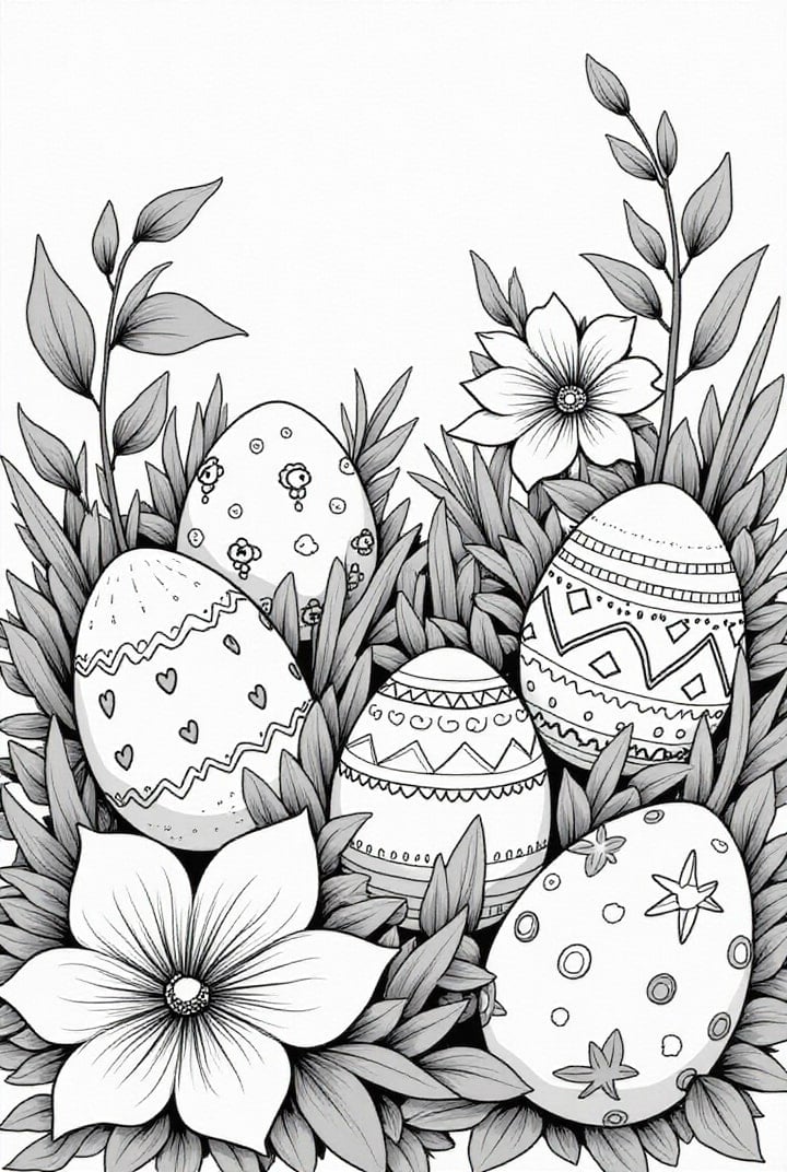 Disegno da colorare uova di Pasqua nell&#39;erba