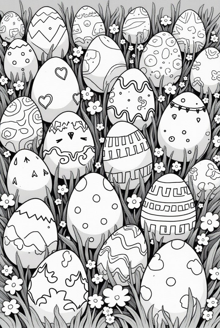 disegno-da-colorare uova di Pasqua nell'erba
