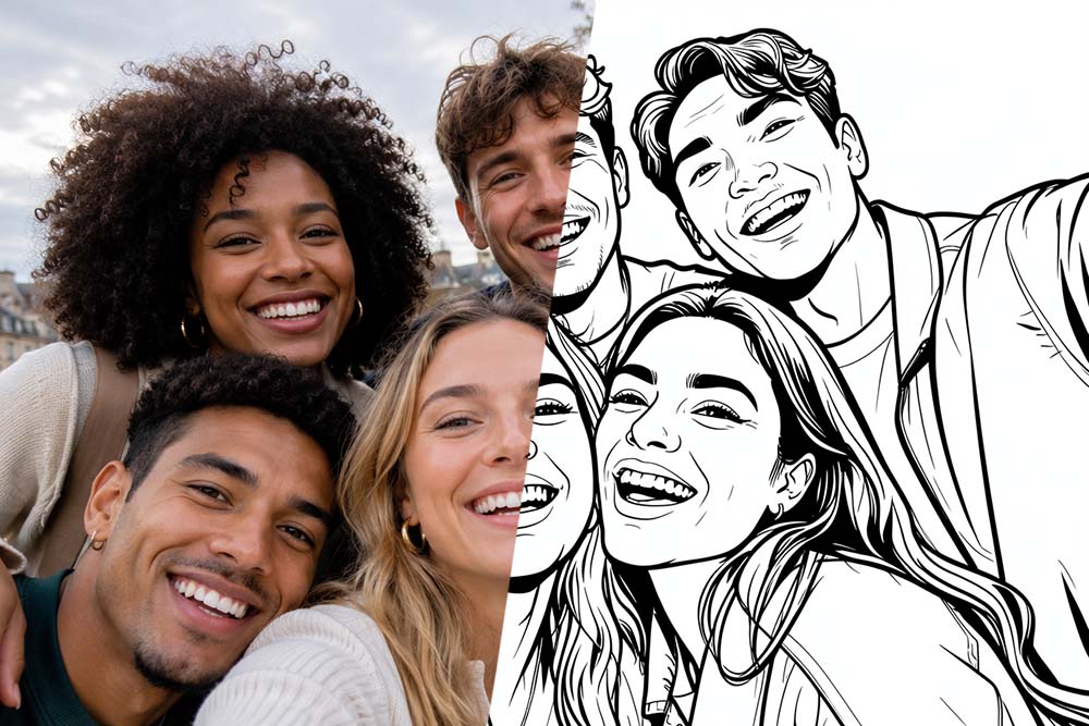Foto di gruppo con gli amici trasformata in un disegno da colorare