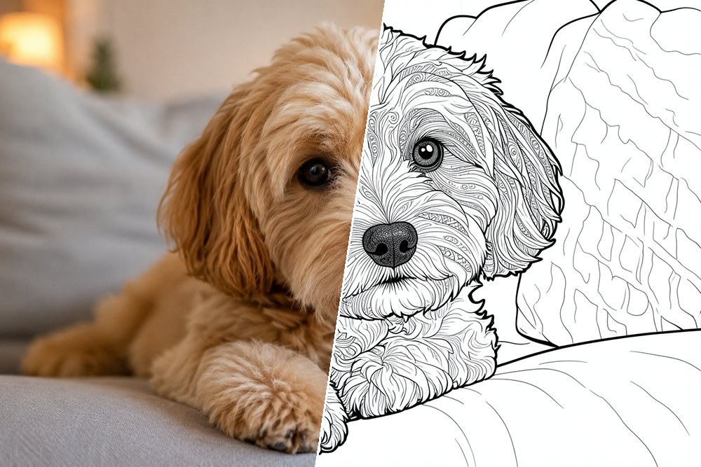 Foto di un cane trasformata in un disegno da colorare
