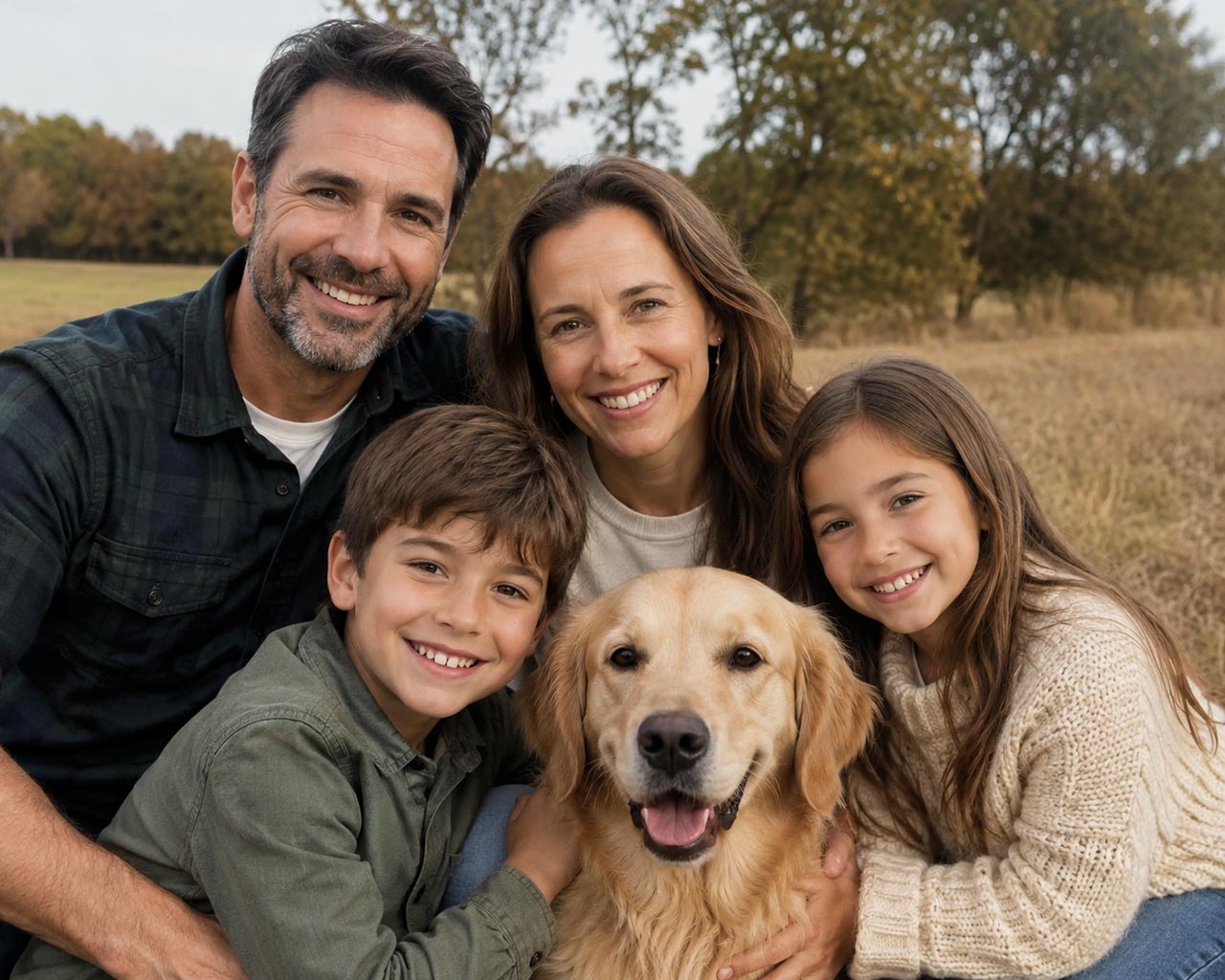 Foto a colori originale di una famiglia con un cane