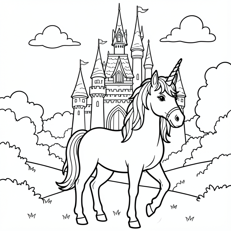 Disegno da colorare unicorno e castello