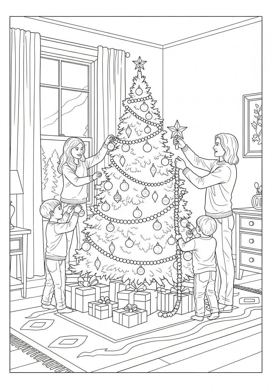 addobbare l'albero di natale con la famiglia Disegno da colorare addobbare l'albero di natale con la famiglia