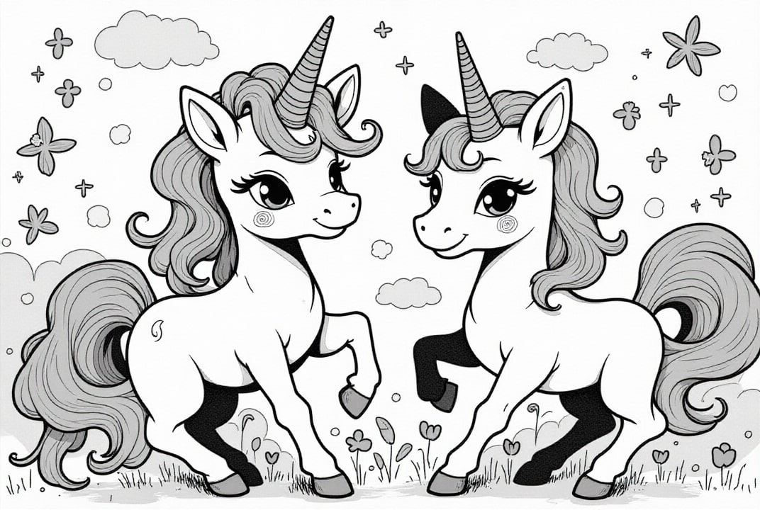 Disegno da colorare amici unicorno nel prato