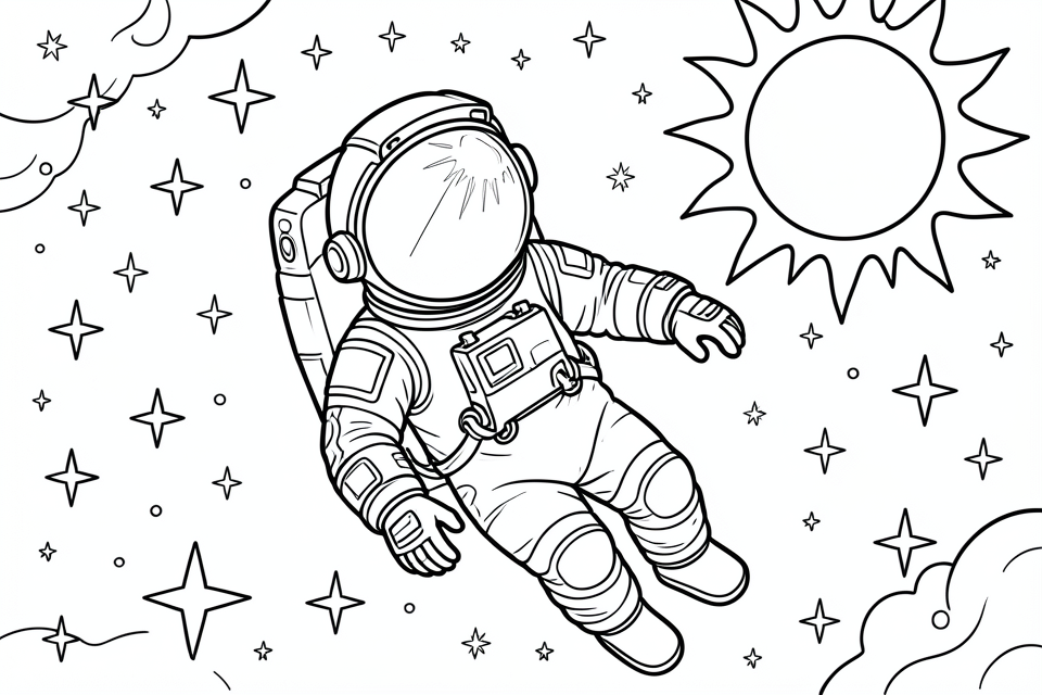 Disegno da colorare astronauta nello spazio con le stelle e il sole