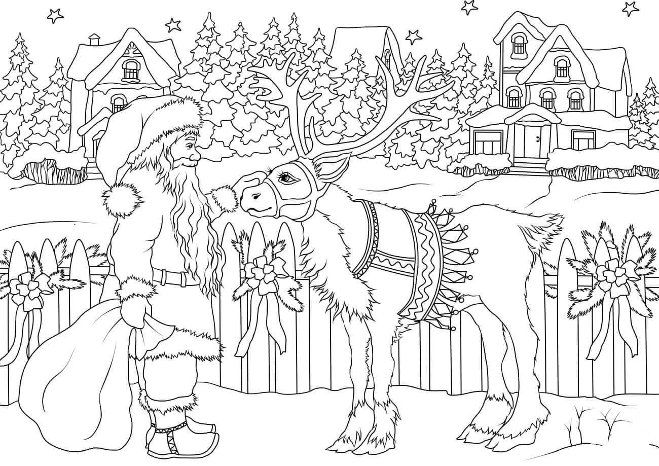 babbo natale con le renne Disegno da colorare babbo natale con le renne