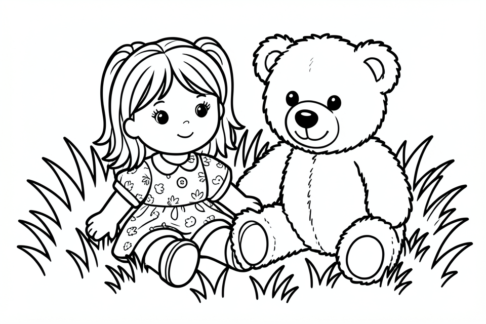 bambola e orso nell'erba Disegno da colorare bambola e orso nell'erba