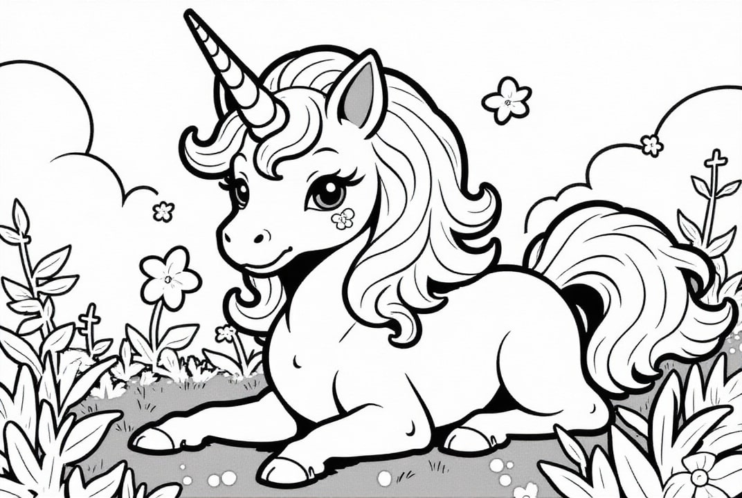 carino unicorno nel prato Disegno da colorare carino unicorno nel prato