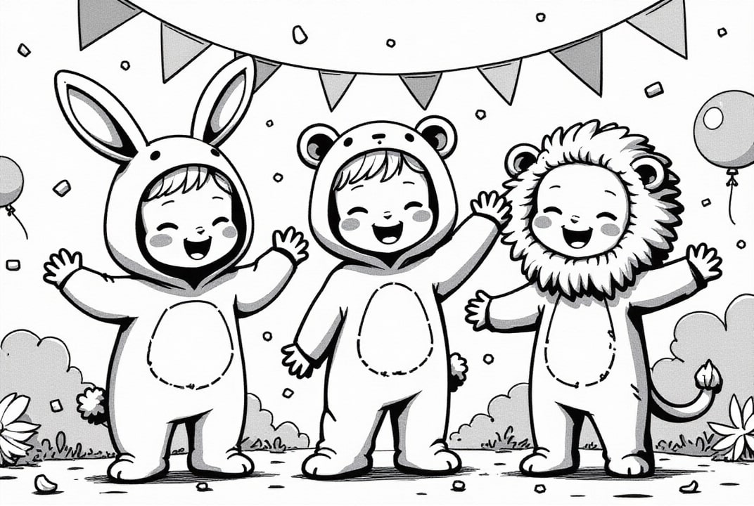 Disegno da colorare carnevale con il leone, il coniglio e l'orso