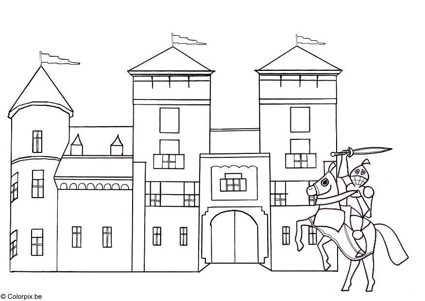 Disegno da colorare cavalliere e castello