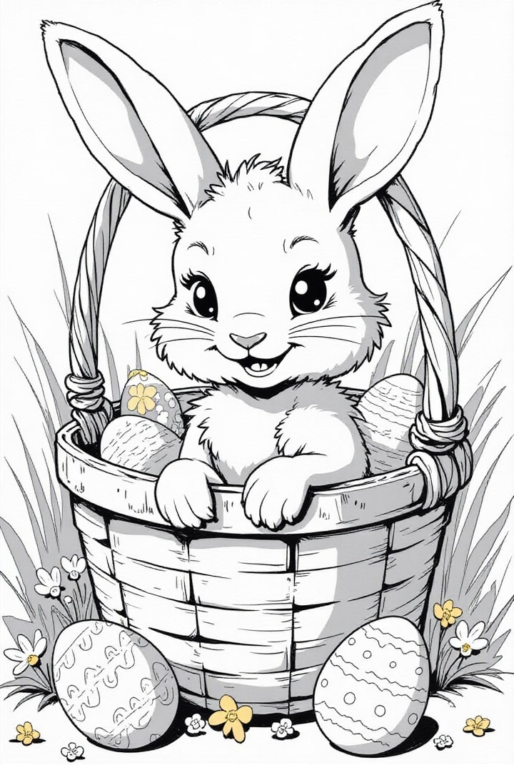coniglietto pasquale nel cestino di pasqua Disegno da colorare coniglietto pasquale nel cestino di pasqua