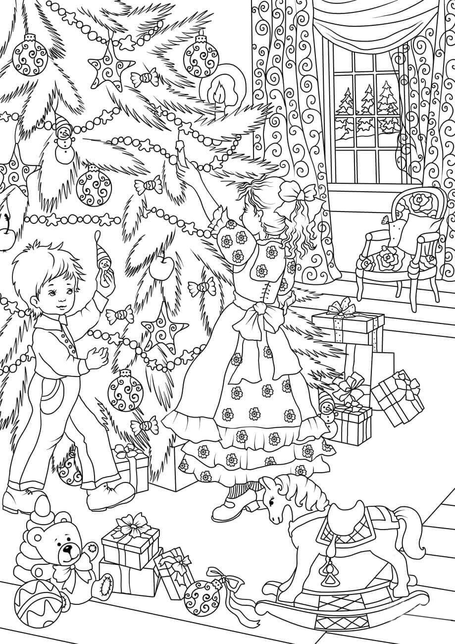Disegno da colorare decorare l'albero di natale