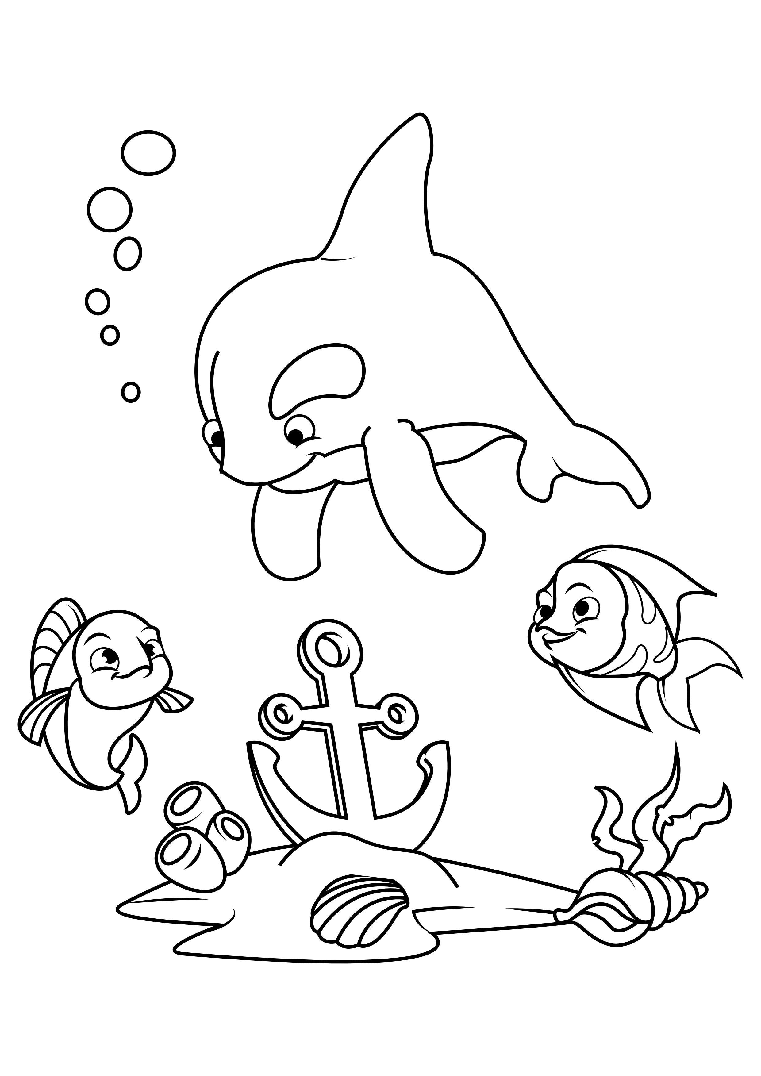 delfino e pesce con ancora Disegno da colorare delfino e pesce con ancora