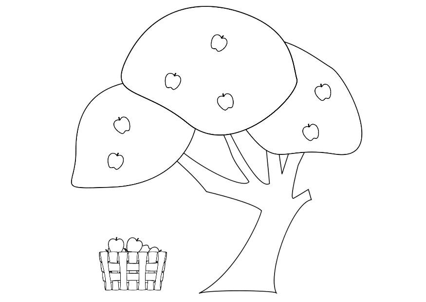 Disegno da colorare albero di mele con cesta di mele