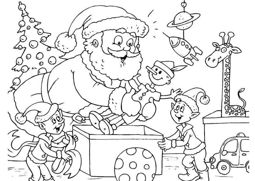 Disegno da colorare babbo natale con gli elfi