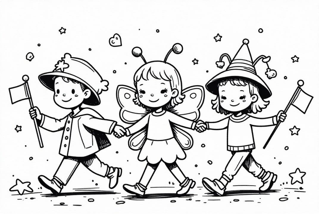Disegno da colorare bambini con bandiere al carnevale