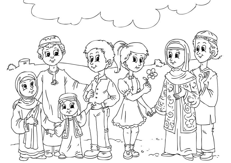 Disegno da colorare bambini musulman con bimbi occidentali
