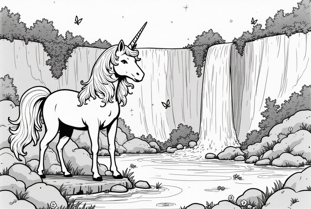 Disegno da colorare cascata con unicorno