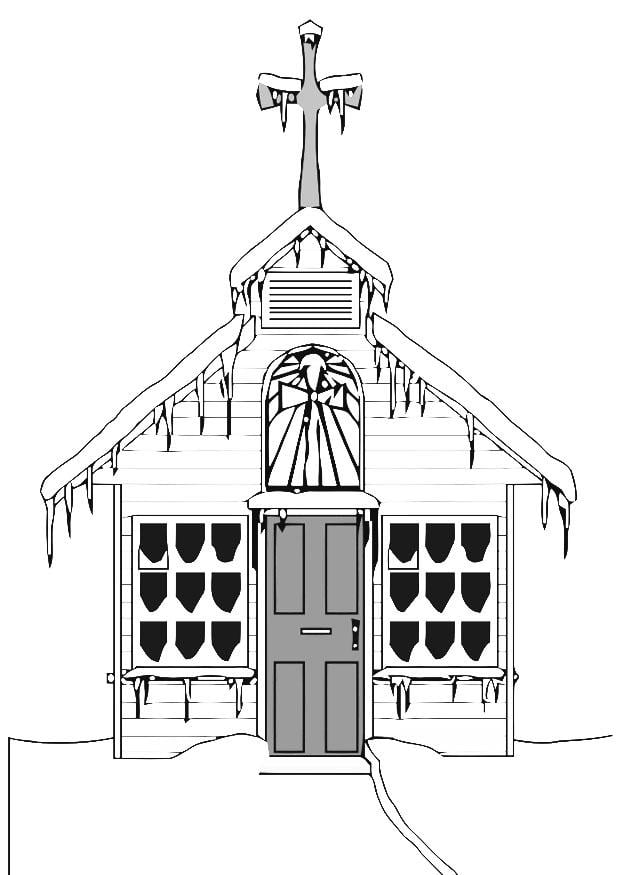 Disegno da colorare chiesa in inverno