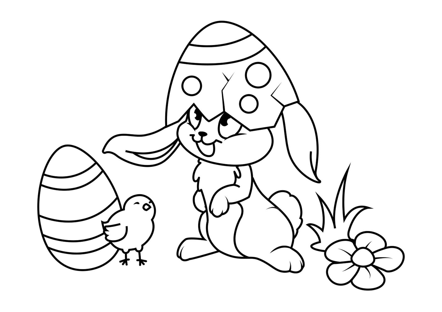 Disegno da colorare coniglietto di pasqua con pulcino