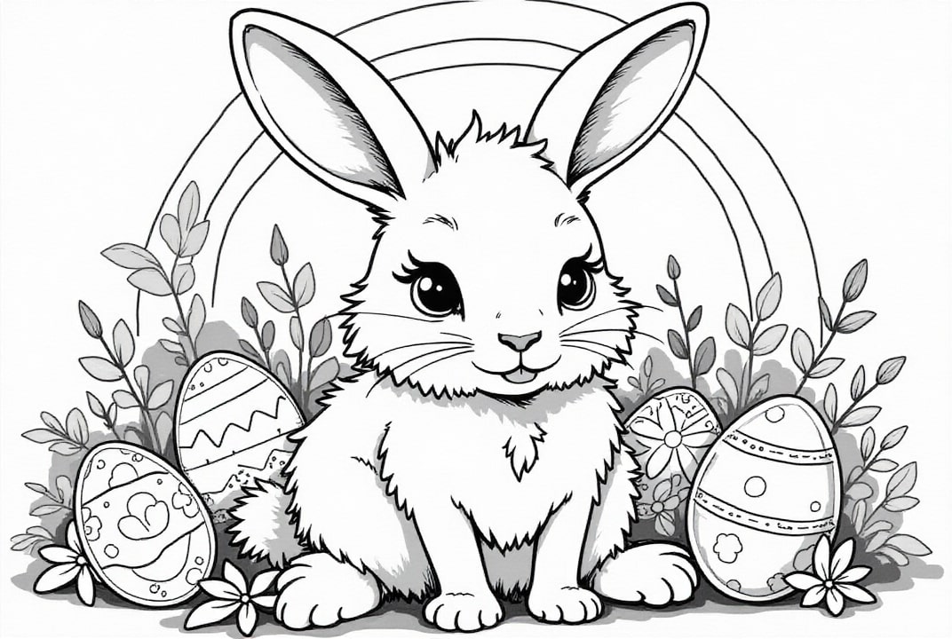 Disegno da colorare coniglietto pasquale con uova di pasqua in giardino