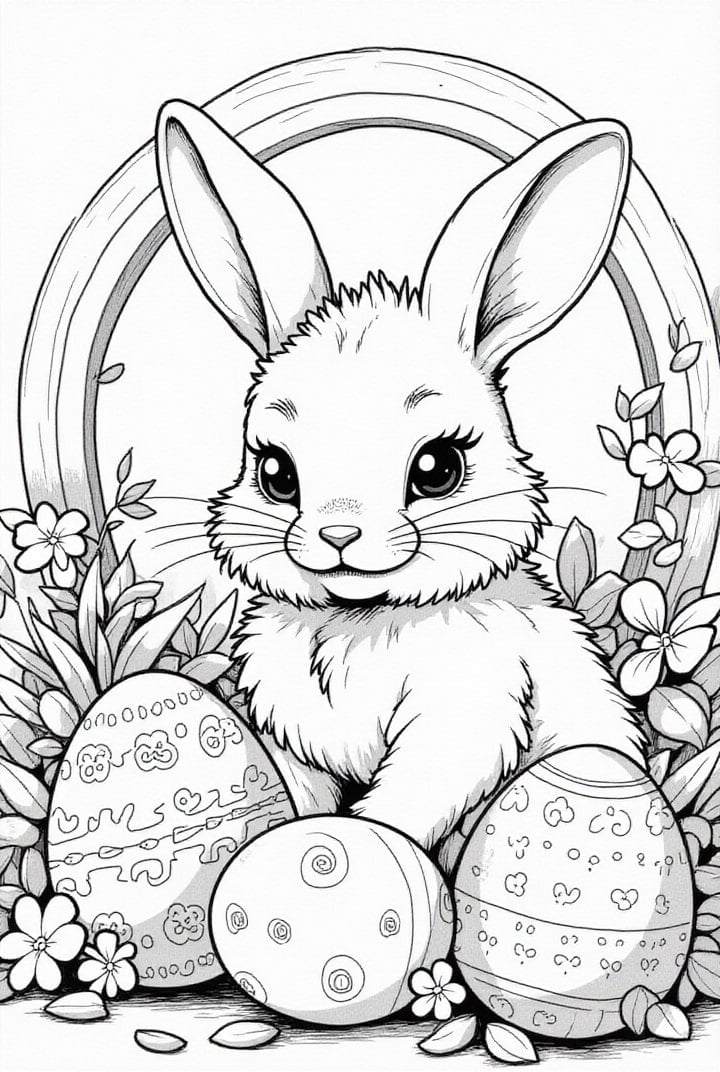 Disegno da colorare coniglietto pasquale in giardino con uova di pasqua