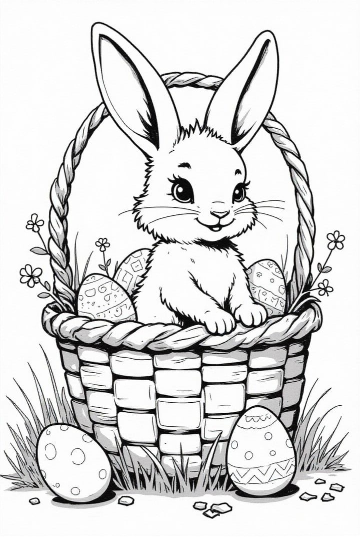 Disegno da colorare coniglietto pasquale nel cestino di pasqua con le uova