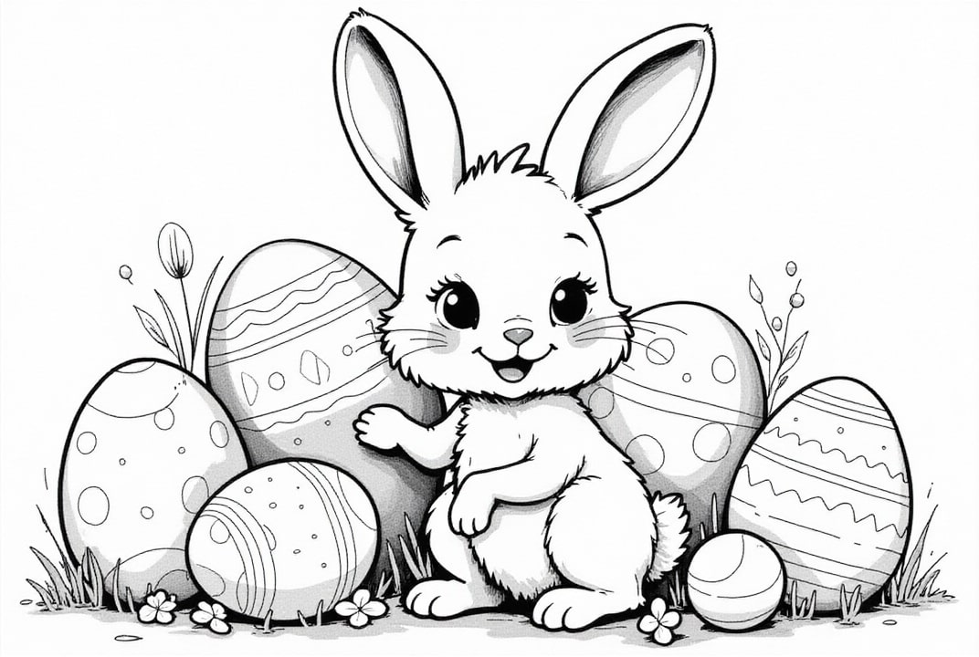 Disegno da colorare coniglio pasquale con le uova in giardino