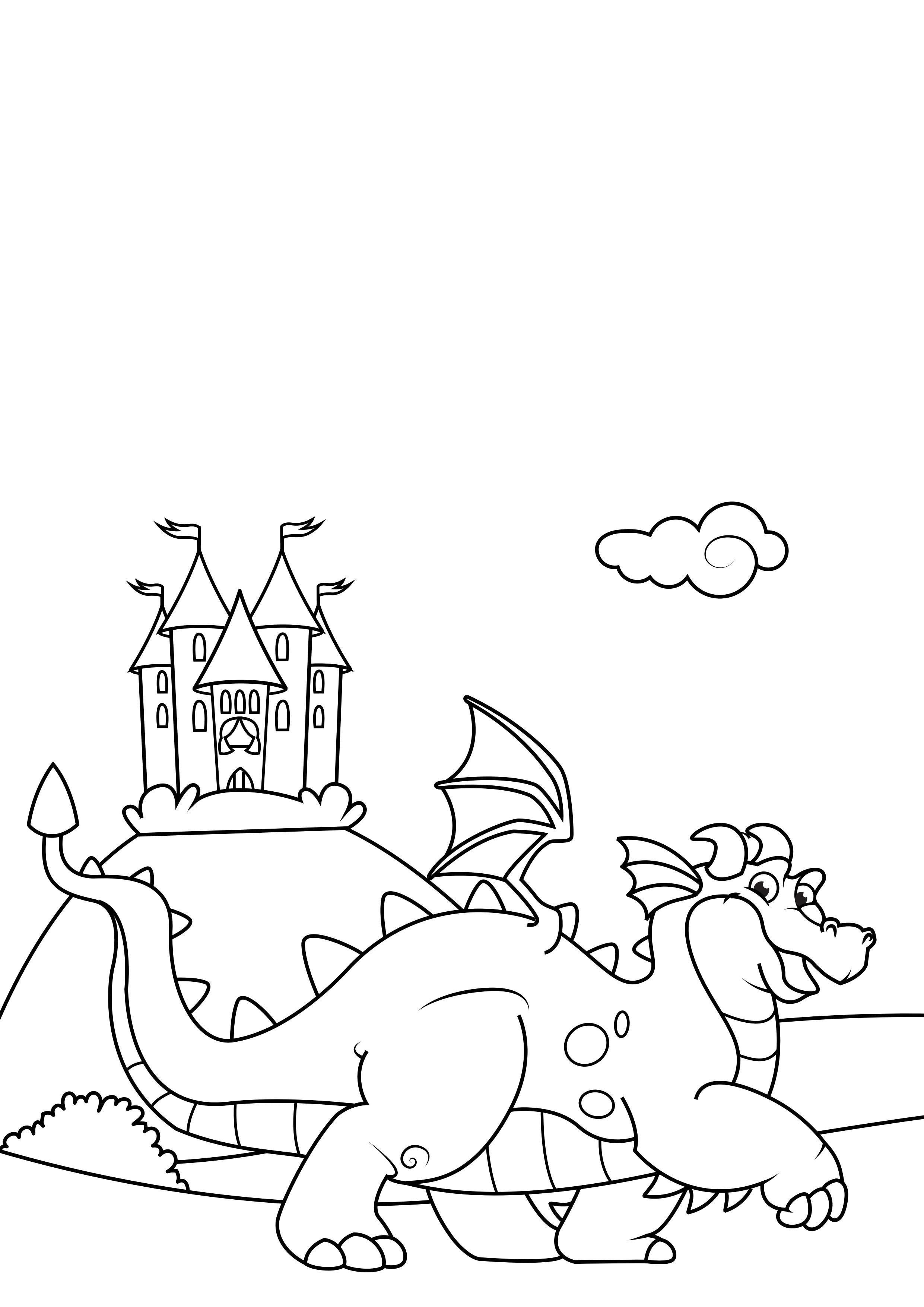 Disegno da colorare drago davanti al castello