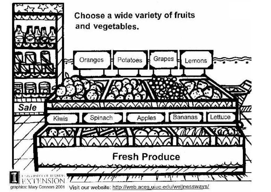 Disegno da colorare frutta e verdura fresche
