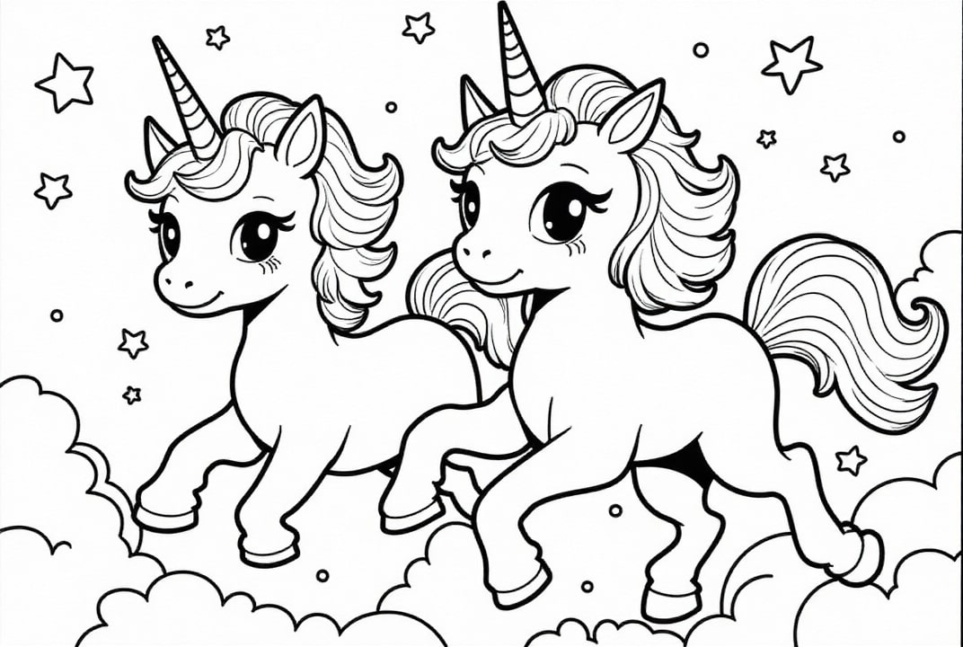 Disegno da colorare gli amici unicorno volano verso le stelle