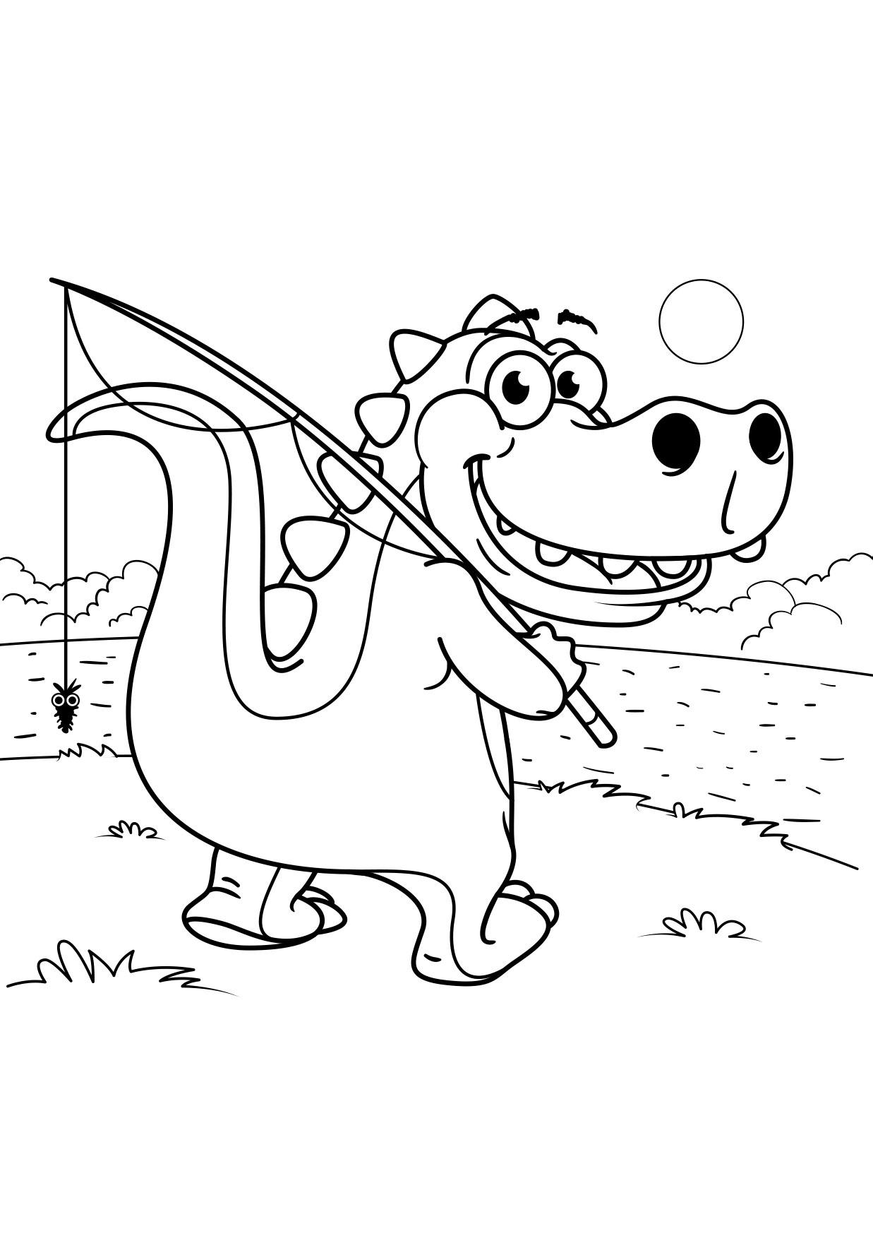 Disegno da colorare il dinosauro va a pescare