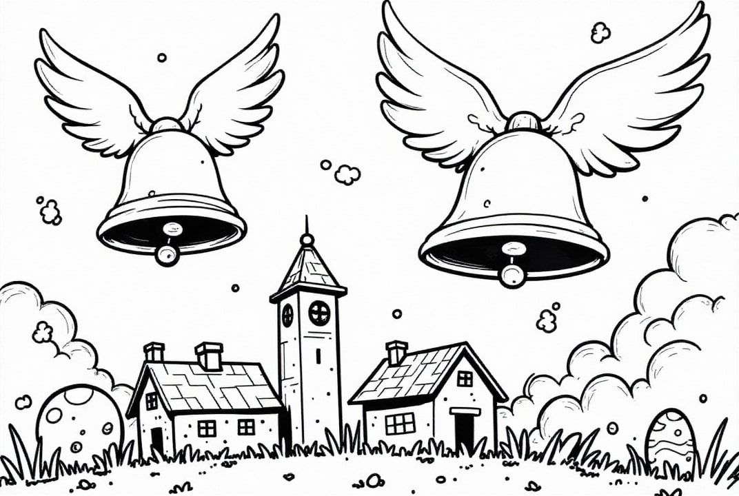 Disegno da colorare le campane di pasqua volano sopra il villaggio