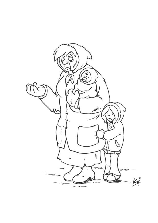 Disegno da colorare mendicante con bambino