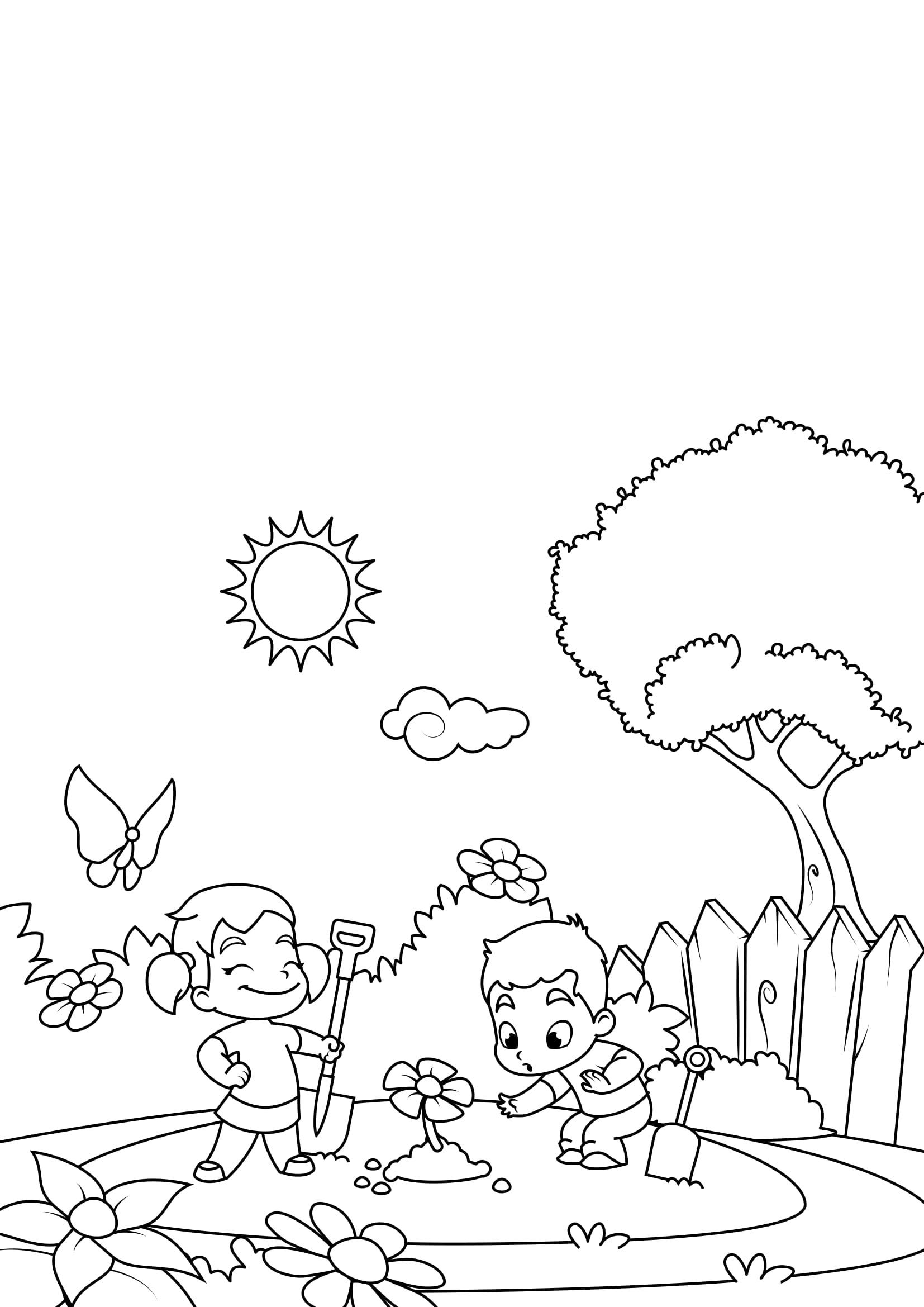 Disegno da colorare primavera, giardinaggio