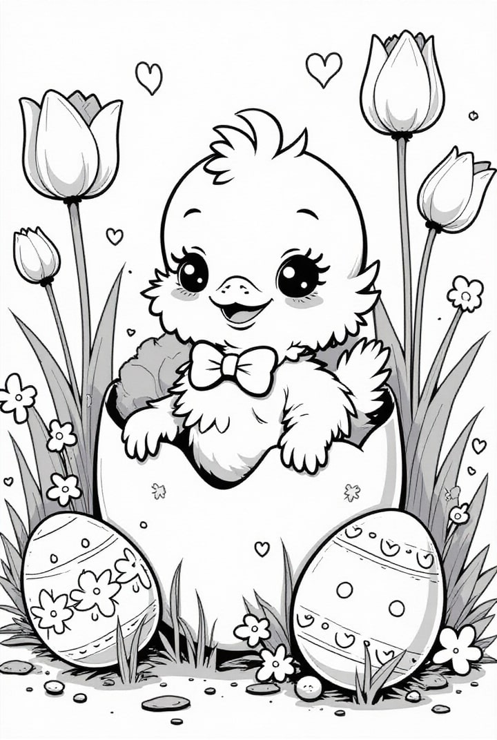 Disegno da colorare pulcino di pasqua con uovo di pasqua