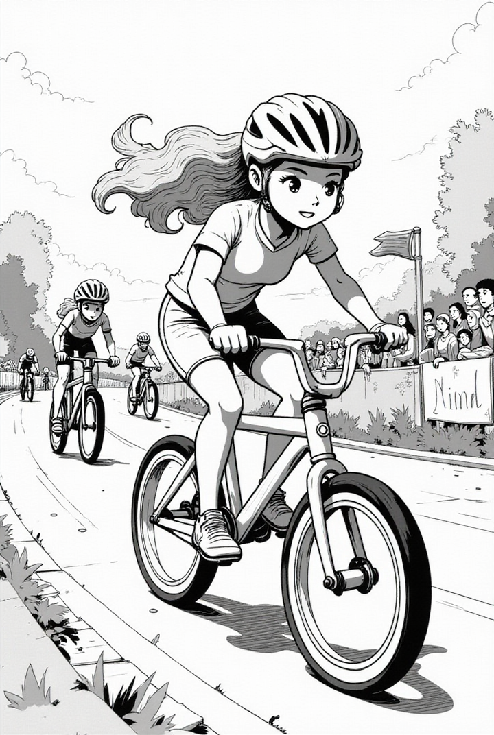 Disegno da colorare ragazza alla gara ciclistica 