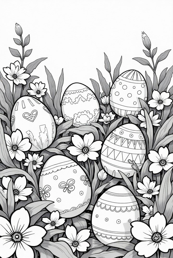 Disegno da colorare sei uova di pasqua nel giardino
