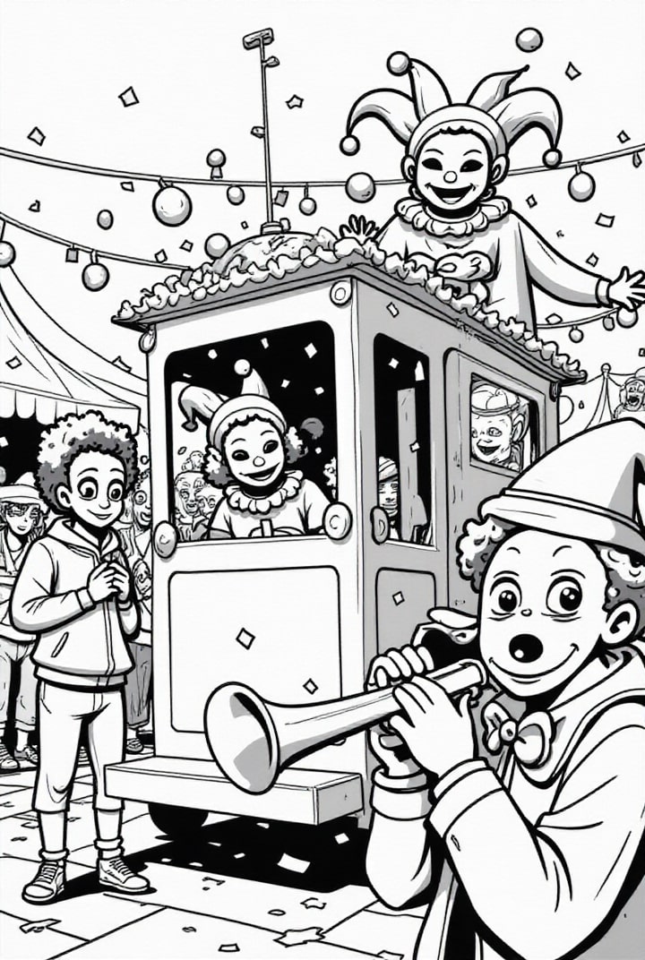 Disegno da colorare treno di carnevale