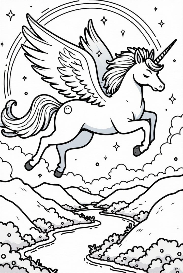 Disegno da colorare unicorno che vola nel cielo