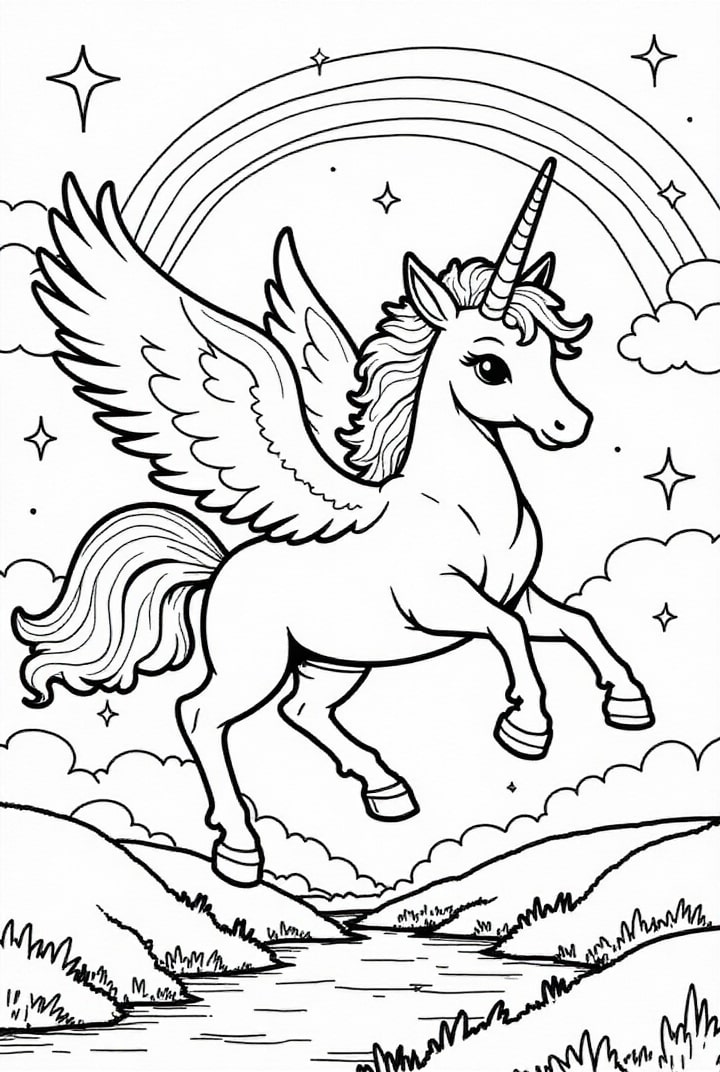 Disegno da colorare unicorno che vola nel cielo con arcobaleno