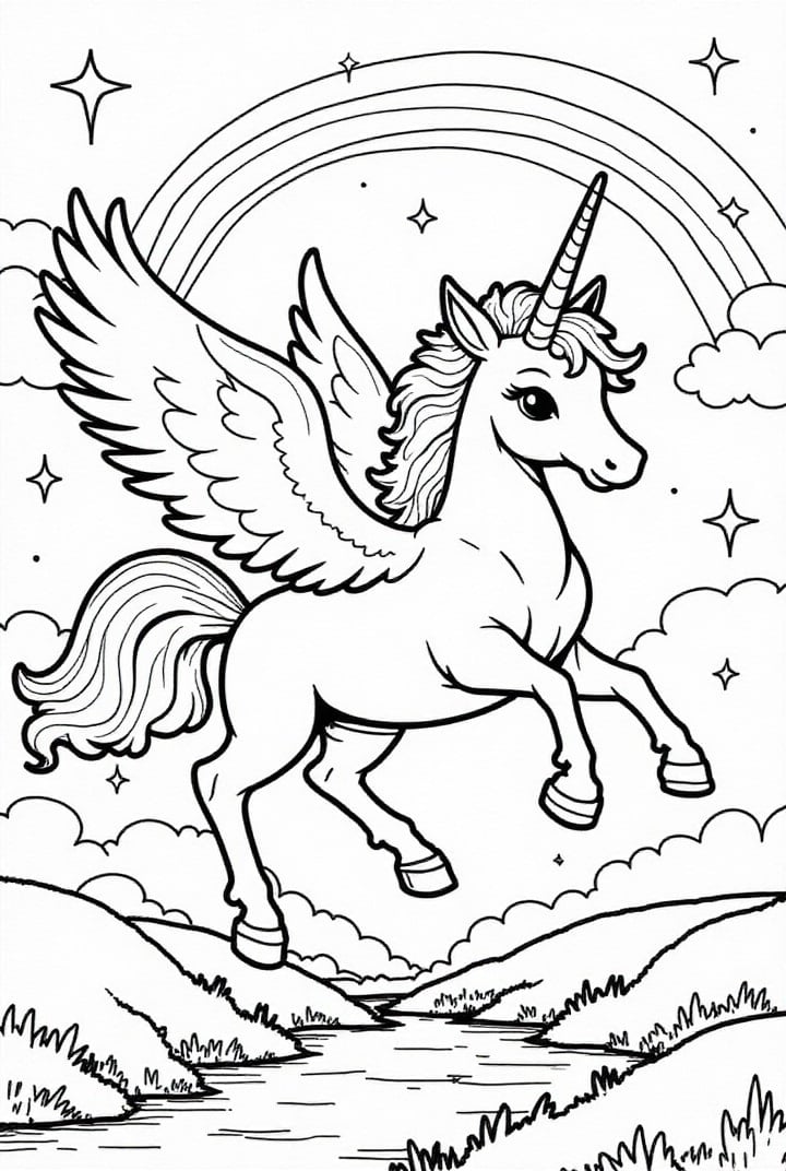 Disegno da colorare unicorno che vola nel cielo con arcobaleno