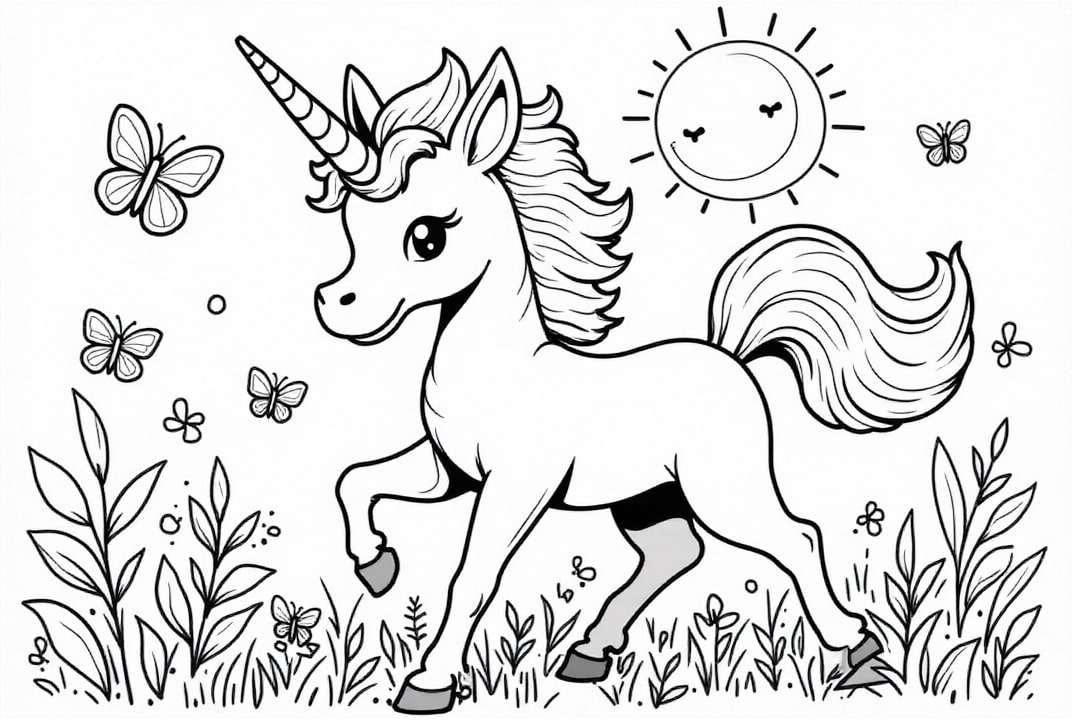 Disegno da colorare unicorno con farfalle