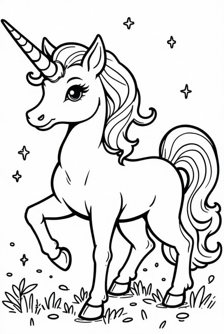 Disegno da colorare unicorno con stelle