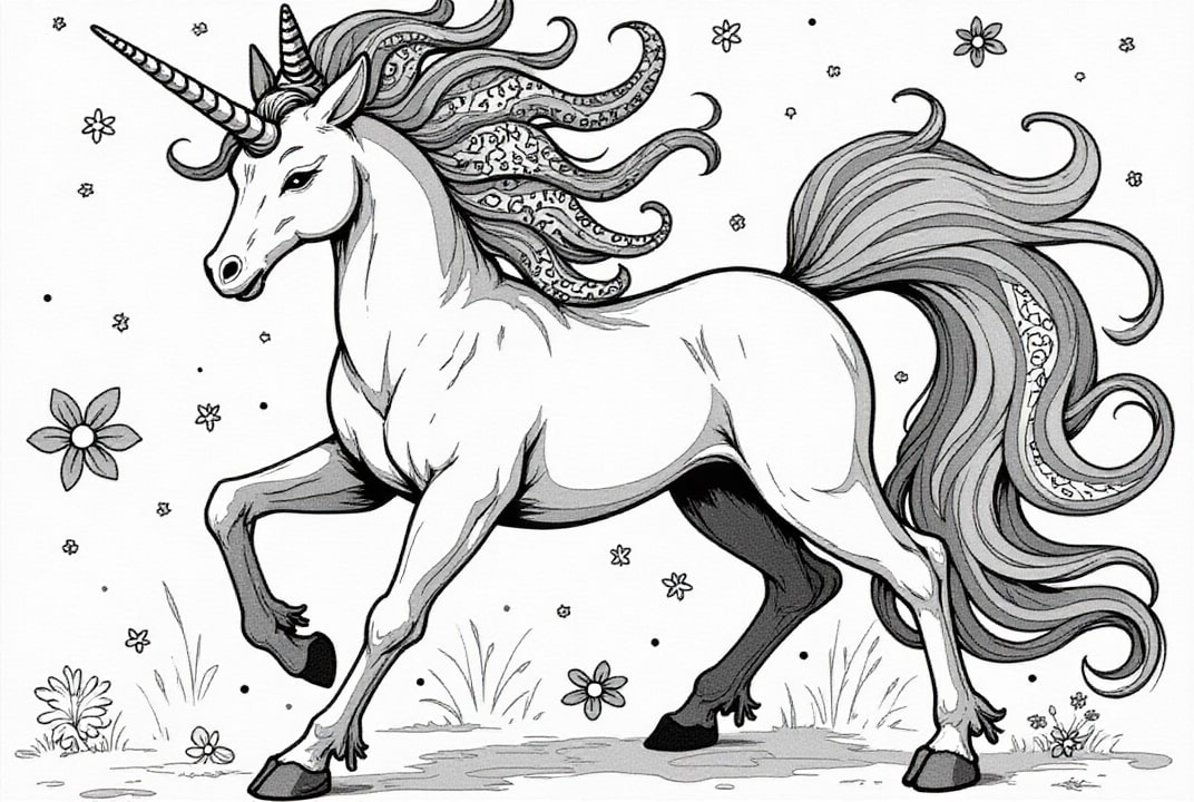 Disegno da colorare unicorno magico nel prato