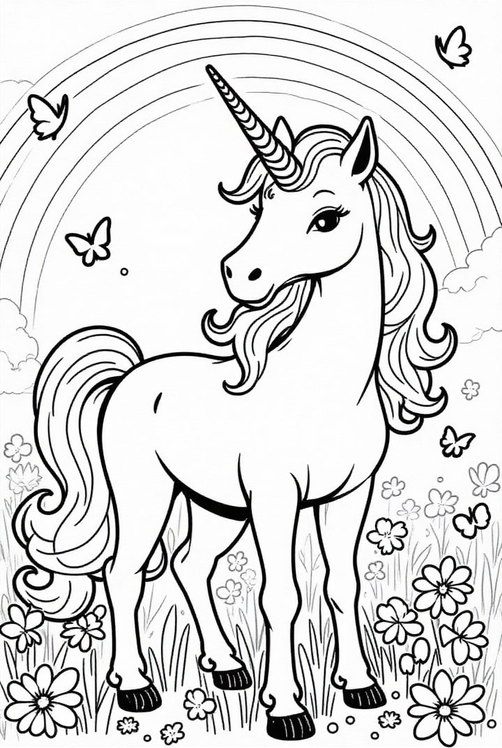 Disegno da colorare unicorno nel campo