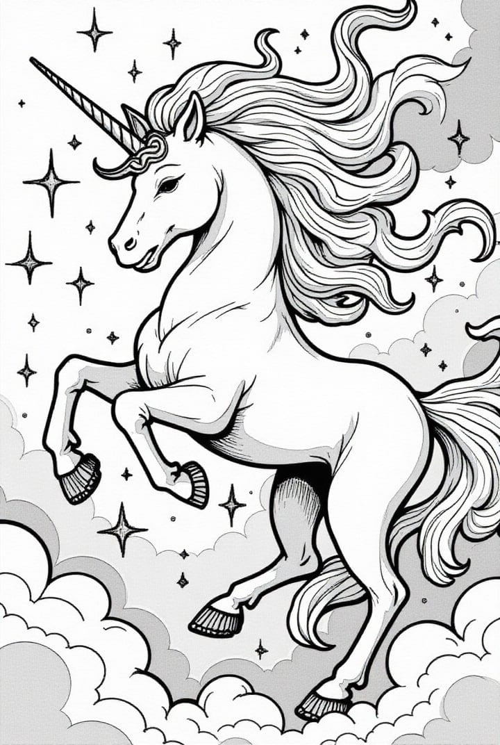 Disegno da colorare unicorno nella notte magica