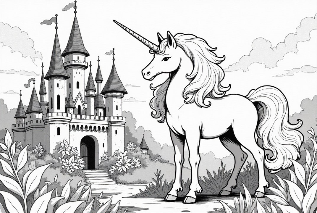 Disegno da colorare unicorno per castello