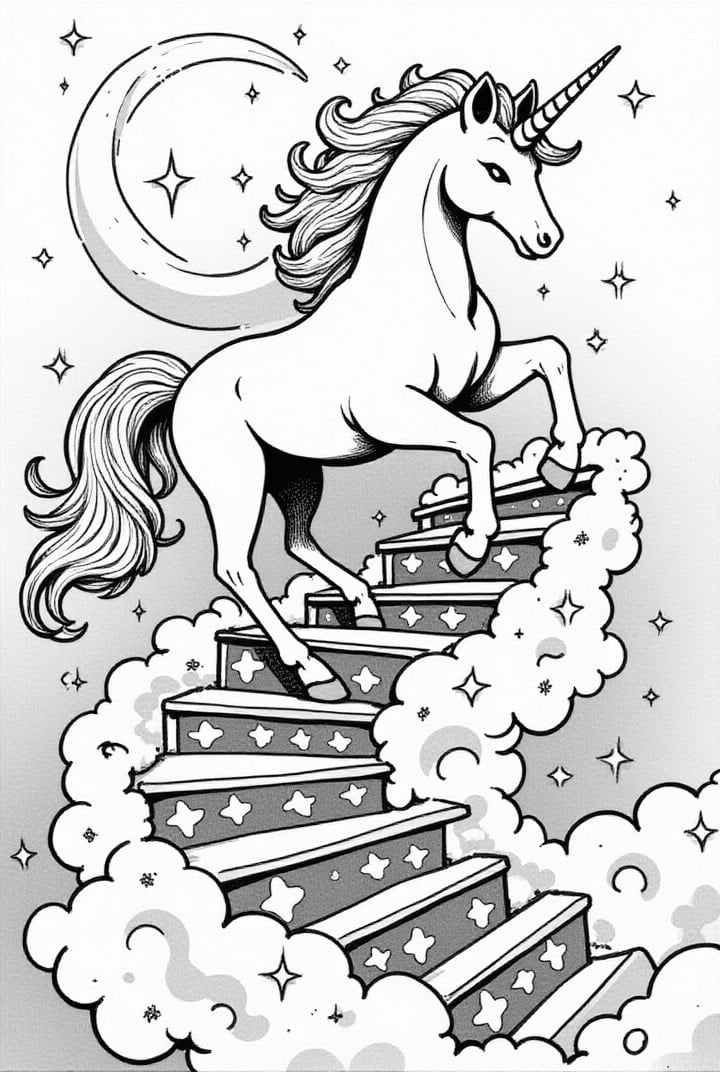 Disegno da colorare unicorno sulla scala magica